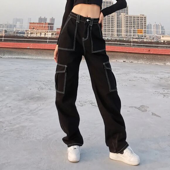 yesstyle black straight leg jeans w/ white stitching | high waisted - Picture 1 of 5